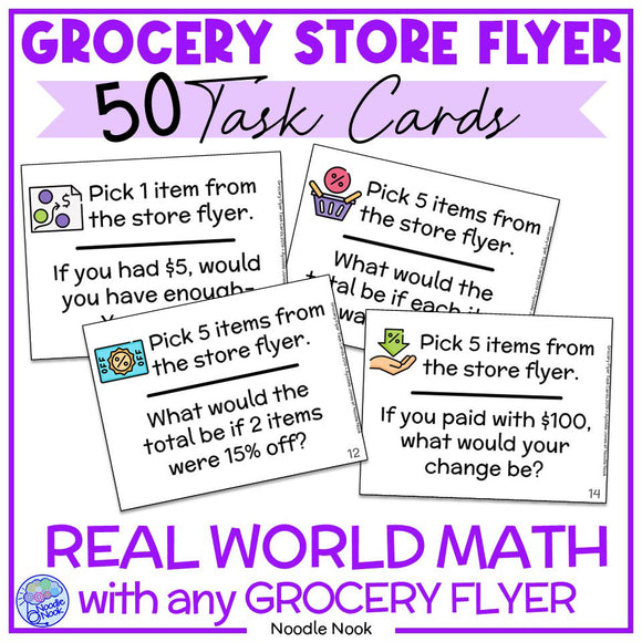 Grocery Store Flyer Math Task Cards - Real World Math Activities. Use this money math center with any store flyer to easily work on math skills and money.