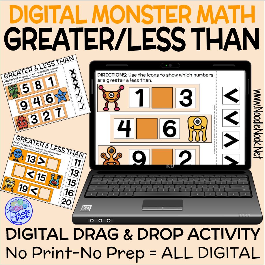 Monster Math Digital Drag and Drop Activity- Greater Than/Less Than wi –  Nooked