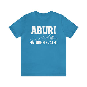 Ghana Tshirt with ABURI over the mountains of Ghana and the words Nature Elevated on a black teeshirt