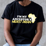 Man proudly wearing 'Ancestor's Wildest Dream' tee in black, featuring Africa silhouette with tiger.