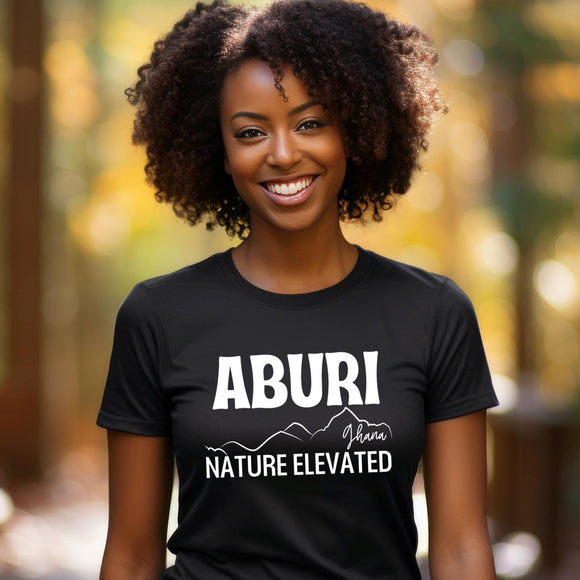 Ghana Tshirt with ABURI over the mountains of Ghana and the words Nature Elevated on a black teeshirt