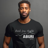Ghana Africa - ABURI with a mountain silhouette with "Reach New Heights" on a Unisex Jersey Short Sleeve Tee-shirt. Black Tshirt.