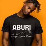 "ABURI" above a mountain silhouette with "Nature Elevated" on a Unisex Jersey Short Sleeve Tee-shirt.