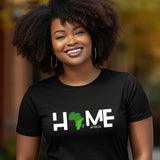 Woman in an African T-shirt with the graphic of HOME Africa with icon on a black teeshirt. Black pride tee shirts.