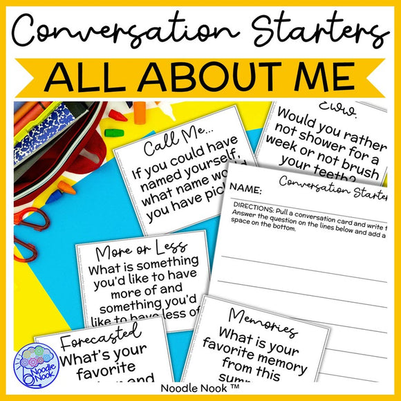 Conversation Starter Cards are perfect for Back to School or getting to know students any time, including as a fun icebreaker activity, as writing prompts, to target social skills with partner work and to use as a get-to-know you activity that students will love. 