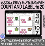 Monster Math Digital Drag and Drop Activity for Counting to 20 (Digital Google Drive Access)