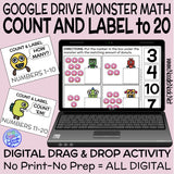 Monster Math Digital Drag and Drop Activity for Counting to 20 (Digital Google Drive Access)