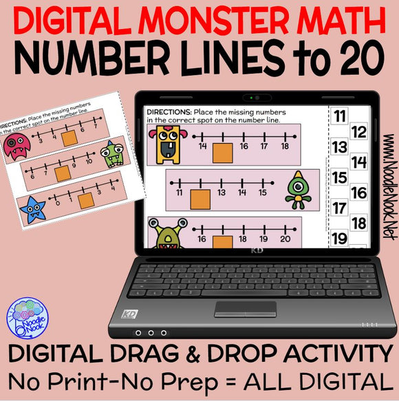 Monster Math Digital Drag and Drop Activity-Number Line from 1-10 and 20 (Digital Google™ Drive Access)